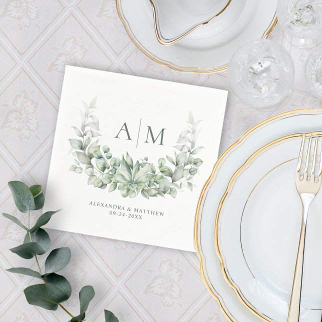 Monogram Elegant Eucalyptus Watercolor Wedding Napkins (Creator Uploaded)