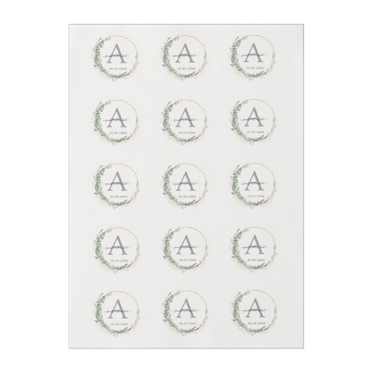 Monogram, elegant eucalyptus wedding edible frosting rounds (Sheet)