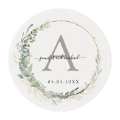 Monogram, elegant eucalyptus wedding edible frosting rounds (Front)