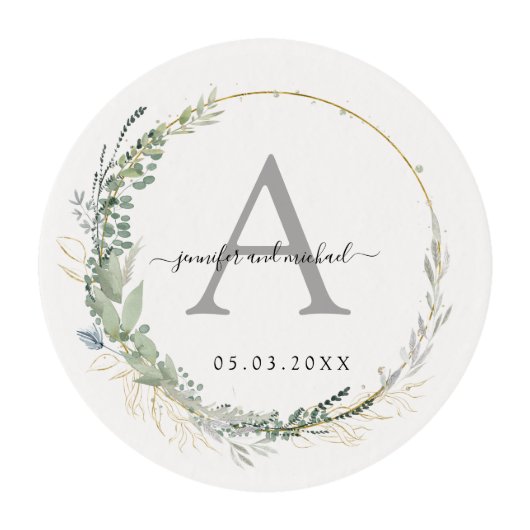 Monogram, elegant eucalyptus wedding edible frosting rounds (Front)
