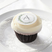 Monogram, elegant eucalyptus wedding edible frosting rounds (Cupcake)