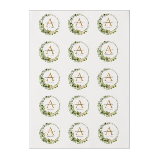 Monogram, elegant eucalyptus wedding edible frosting rounds (Sheet)