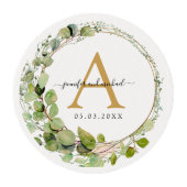 Monogram, elegant eucalyptus wedding edible frosting rounds (Front)