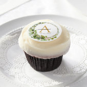Monogram, elegant eucalyptus wedding edible frosting rounds (Cupcake)