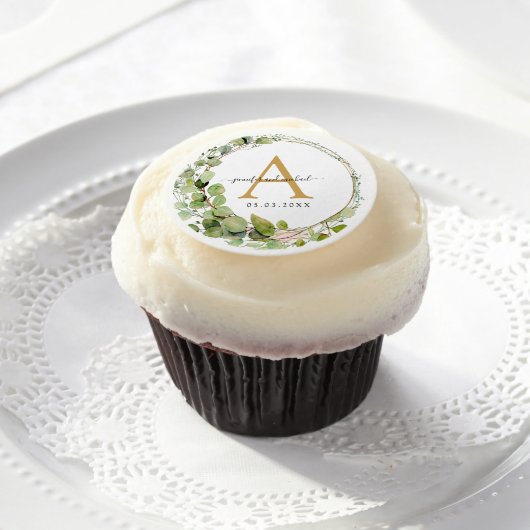 Monogram, elegant eucalyptus wedding edible frosting rounds (Cupcake)