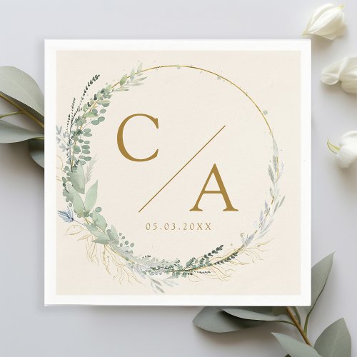 Monogram elegant eucalyptus wedding napkins