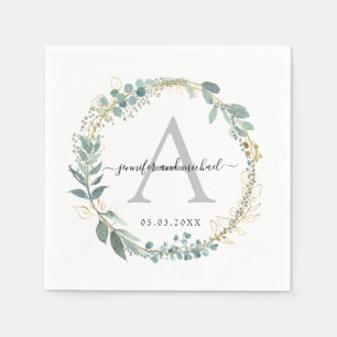 Monogram, elegant eucalyptus wedding  napkins