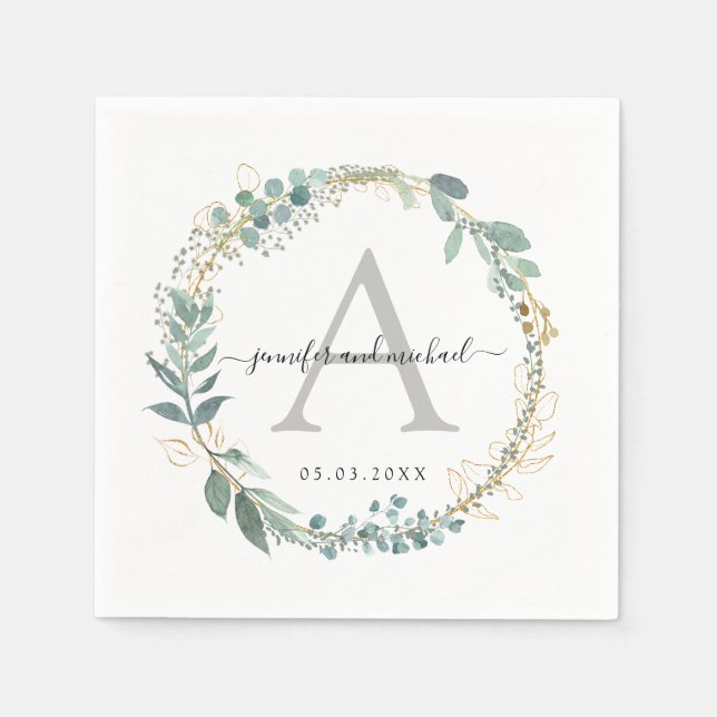 Monogram, elegant eucalyptus wedding  napkins (Front)