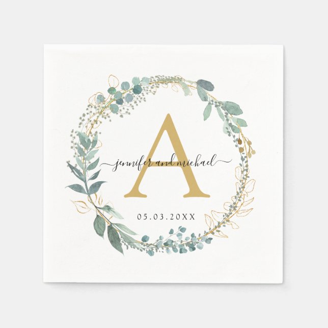 Monogram, elegant eucalyptus wedding  napkins (Front)