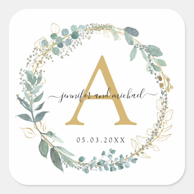 Monogram, elegant eucalyptus wedding  square sticker (Front)