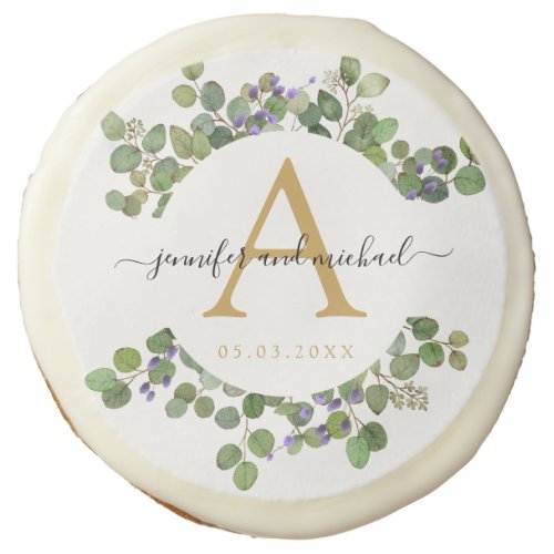 Monogram elegant eucalyptus wedding  sugar cookie