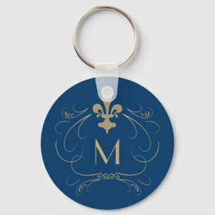 Monogram Elegant Fleur de Lis Blue Gold Keychain