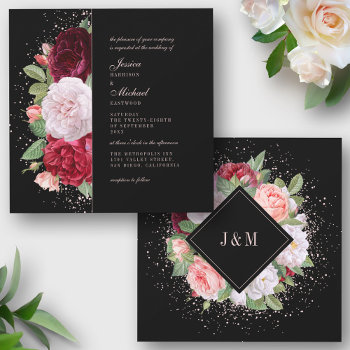 Monogram Elegant Floral Burgundy Black Wedding Invitation by WittyBetty at Zazzle