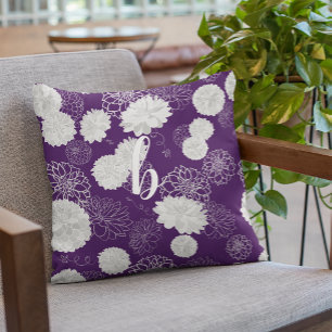 Monogram Elegant Floral Dark Purple Throw Pillow