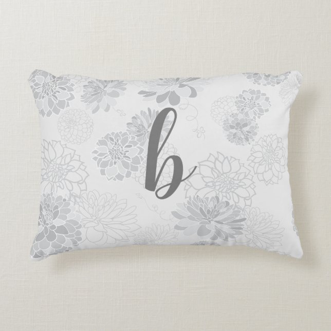 Monogram Elegant Floral Gray Accent Pillow (Front)