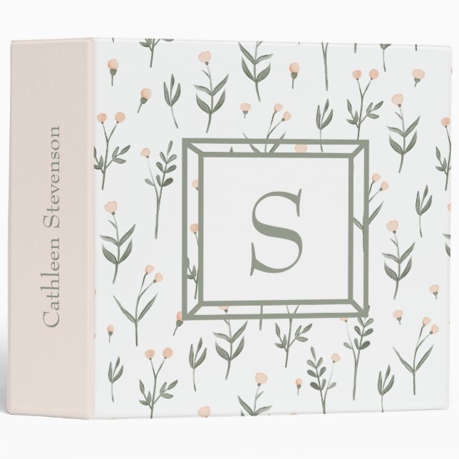 Monogram Elegant Floral Greenery Pink Green Modern 3 Ring Binder (Front/Spine)