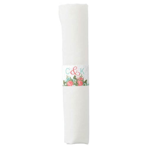 Monogram Elegant Floral in Teal and Coral Napkin B Napkin Bands