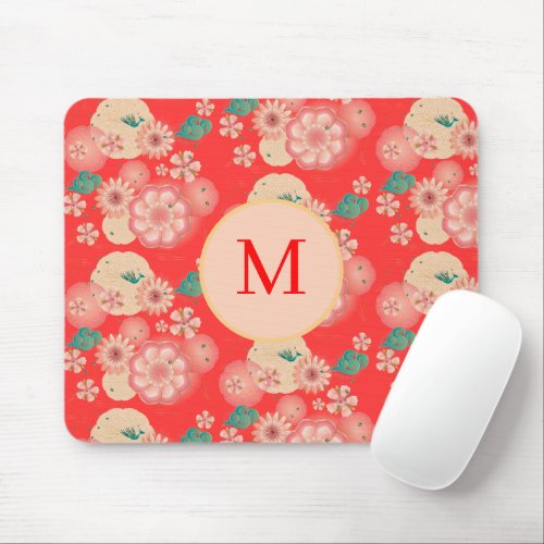 Monogram Elegant Floral Ornament Peach Garden Mouse Pad