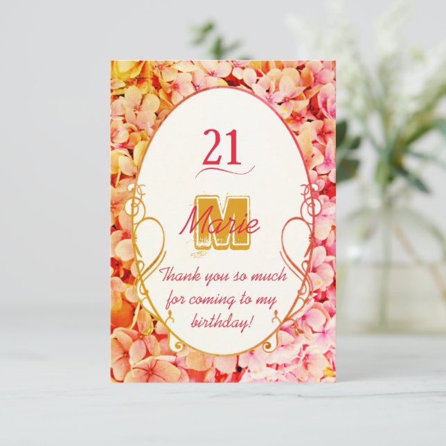 Monogram Elegant Floral Pink Birthday Thank You Card (Standing Front)