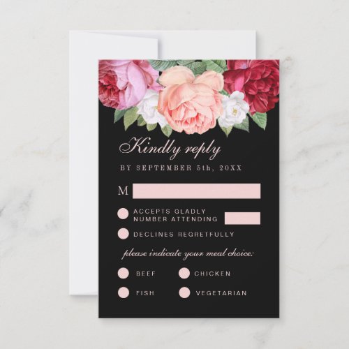 Monogram Elegant Floral Pink Black Meal Choice RSVP Card