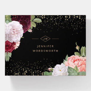 Monogram Elegant Floral Rose Pink Burgundy Black Paperweight