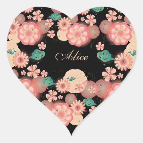 Monogram Elegant Floral Spring Peach Garden flower Heart Sticker