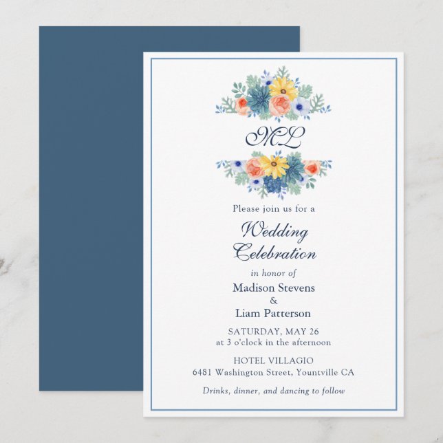 Monogram Elegant Floral Succulent Macaron Wedding Invitation (Front/Back)