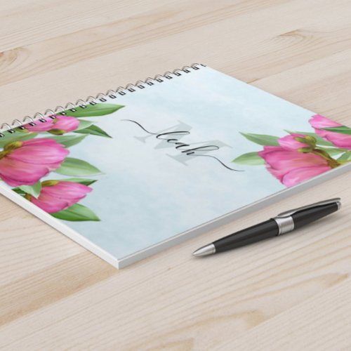 Monogram Elegant Floral Vintage Pretty Pink Peony Notebook