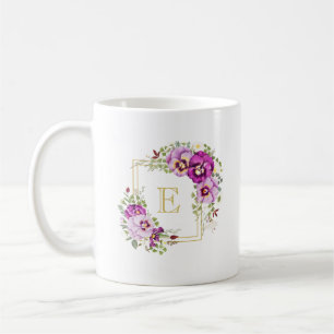 Monogram Elegant Floral Vintage Purple Pansies Coffee Mug