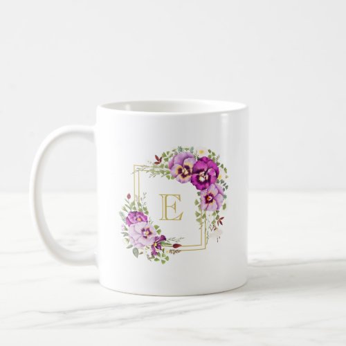 Monogram Elegant Floral Vintage Purple Pansies Coffee Mug