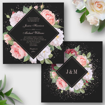 Monogram Elegant Floral White Pink Black Wedding Invitation by WittyBetty at Zazzle
