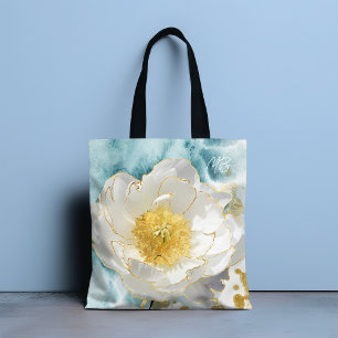 Monogram Elegant Flower Luxury Gold Watercolor Tote Bag