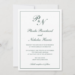 Monogram Elegant Forest Green All In One Wedding Invitation
