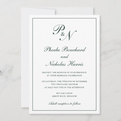 Monogram Elegant Forest Green All In One Wedding Invitation