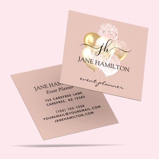 Monogram Elegant Glitter Balloons Square Business Card (Creator Uploaded)