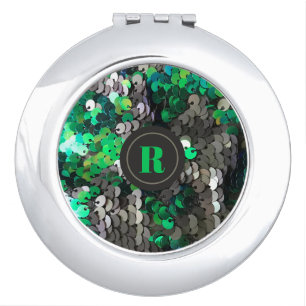 Monogram elegant glitter green gray sparkle glam  compact mirror