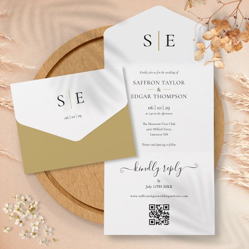 Monogram Elegant Gold Black QR Code Wedding All In One Invitation