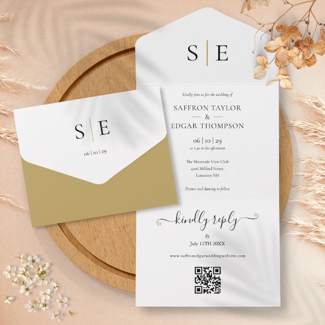 Monogram Elegant Gold Black QR Code Wedding All In One Invitation (Monogram Elegant Gold Black QR Code Wedding All In One Invitation)