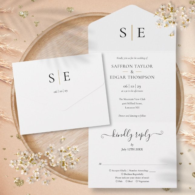 Monogram Elegant Gold Black Wedding All In One Invitation (Monogram Elegant Gold Black Wedding All In One Invitation)