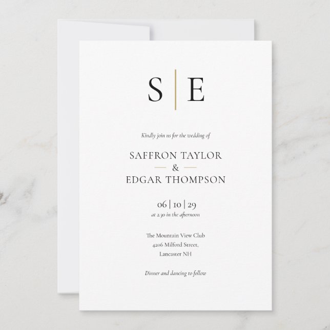 Monogram Elegant Gold Black Wedding Invitation (Front)