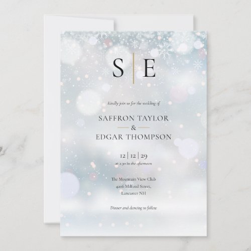 Monogram Elegant Gold Black Winter Wedding Invitation