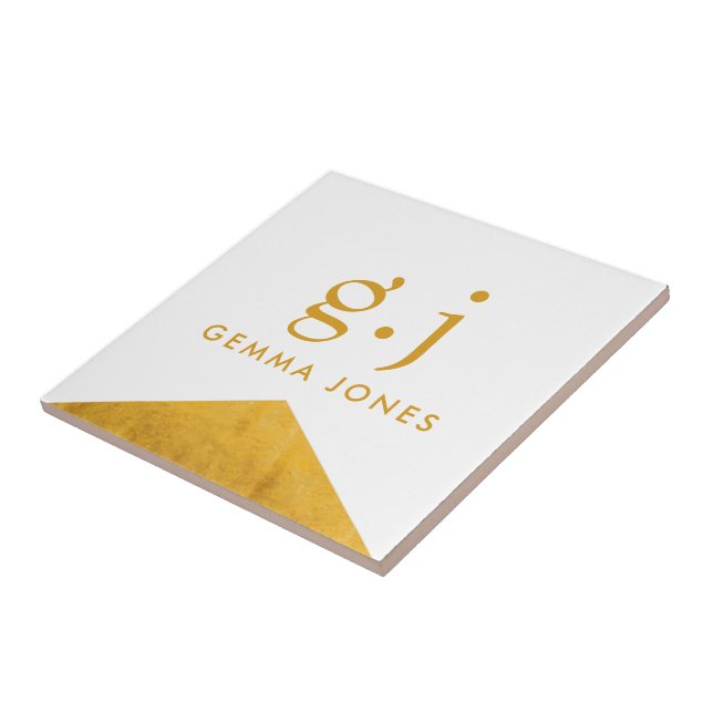 Monogram Elegant Gold Faux Foil White Ceramic Tile (Side)