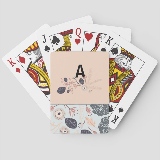 Monogram Elegant Gray Blue Peach Floral Pattern Poker Cards (Back)