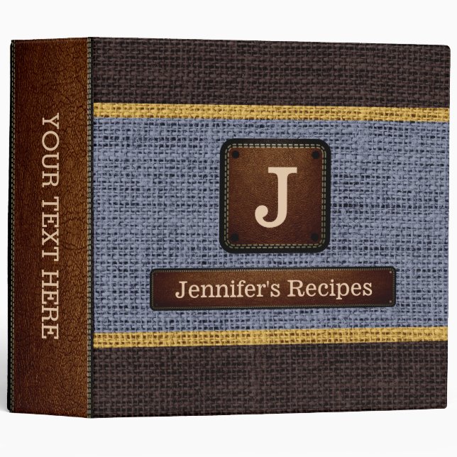 Monogram Elegant Gray Brown Burlap Look Binder (Front/Spine)