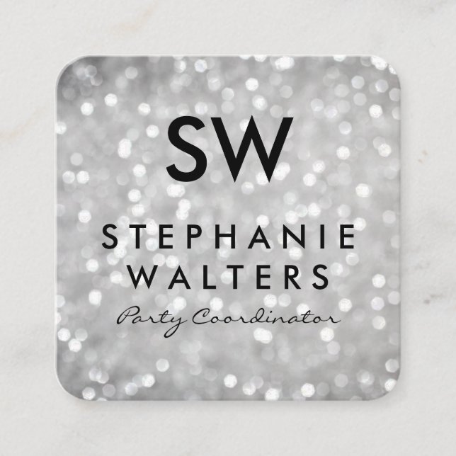 Monogram Elegant Gray Glitter Square Business Card (Front)