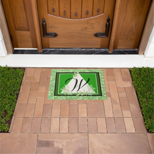 Monogram Elegant Green Leaves Doormat