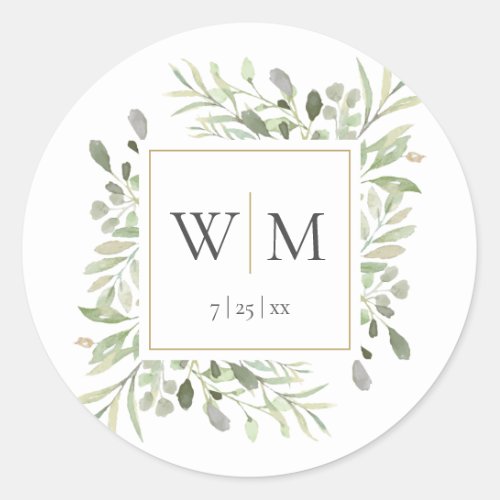 Monogram Elegant Greenery Gold Wedding Classic Round Sticker