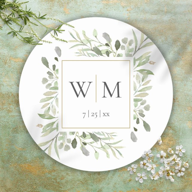 Monogram Elegant Greenery Gold Wedding Classic Round Sticker (Monogram Elegant Greenery Gold Wedding Classic Round Sticker)