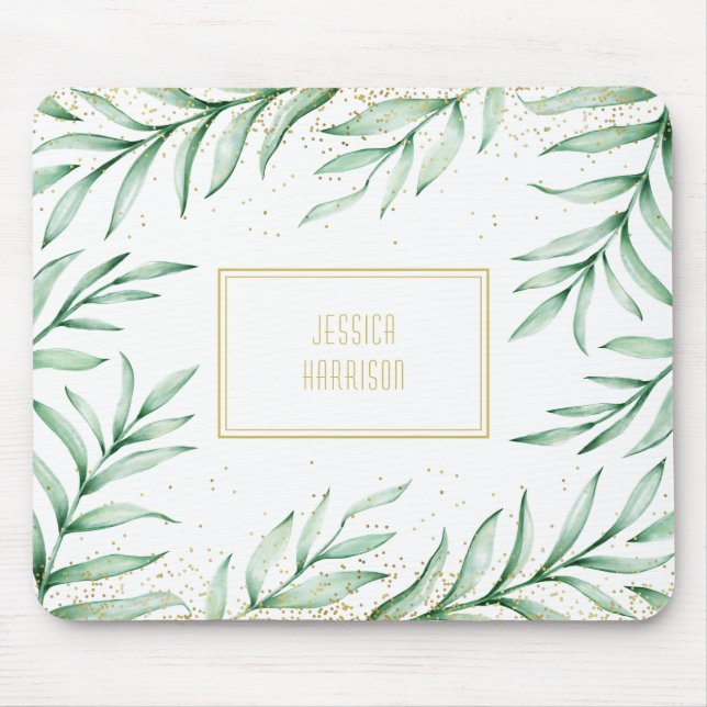 Monogram Elegant Greenery Watercolor Leaves Mouse Pad (Front)