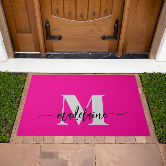 Monogram Elegant Hot Pink Black Personal Doormat (Outdoor)